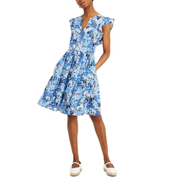 Charter Club Womens Flutter Sleeve Floral Print Dress - Picture 1 of 2
